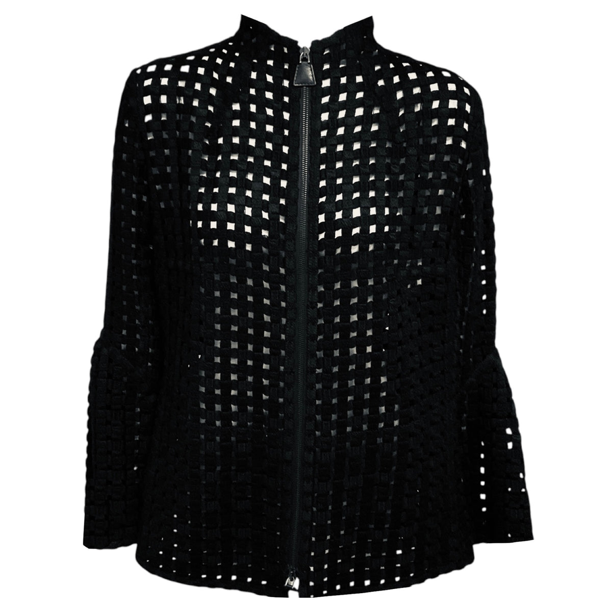 Akris Black Embroidered Wool Lattice Zip Front Jacket