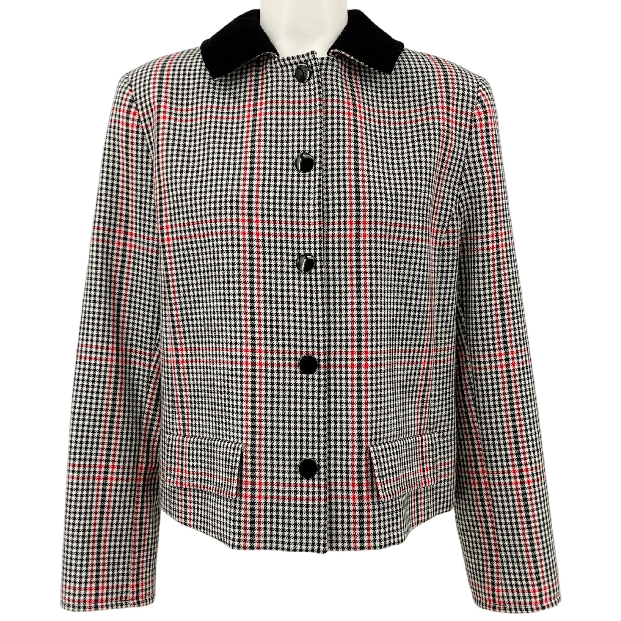 Akris Punto Black / Red / White Houndstooth Jacket with Corduroy Collar
