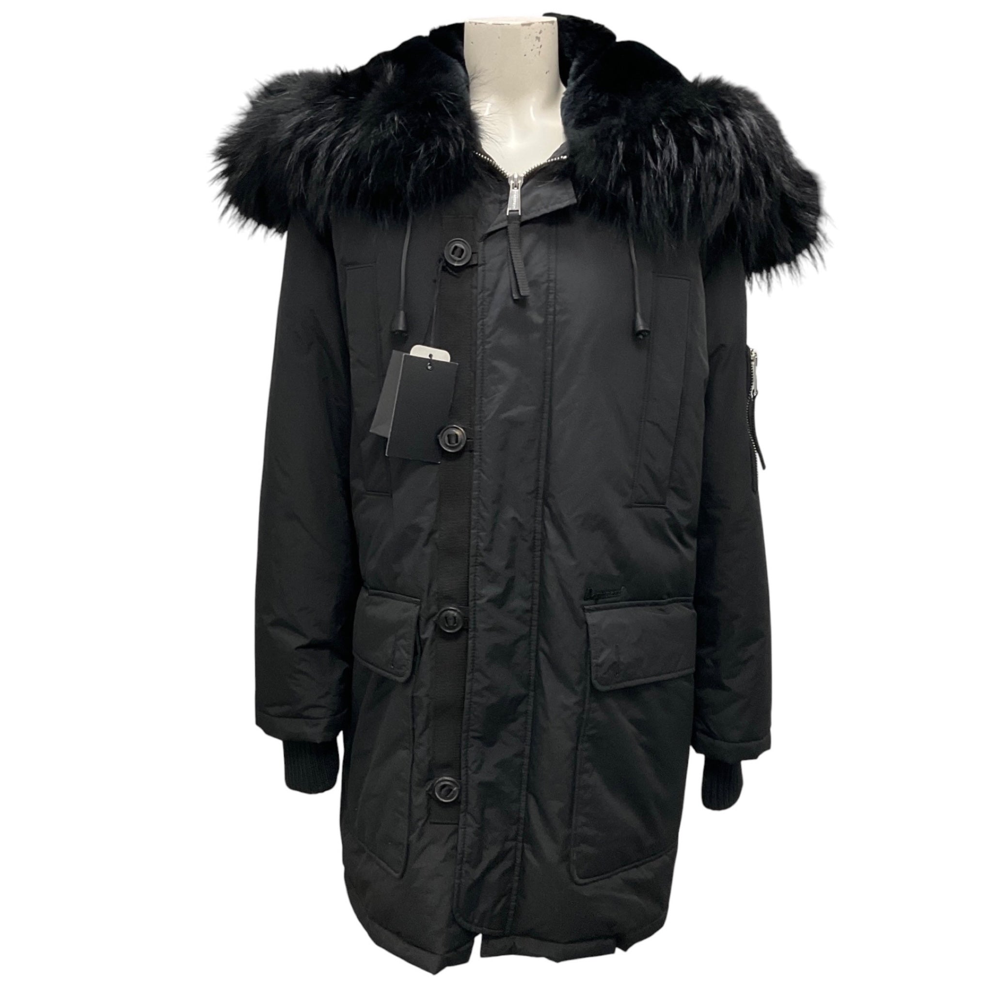 Dsquared2 Black Hooded Parka Coat with Fur