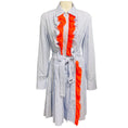 Load image into Gallery viewer, Prada Light Blue / White / Orange Ruffle Detail Striped Midi Shirt Dress with Belt
