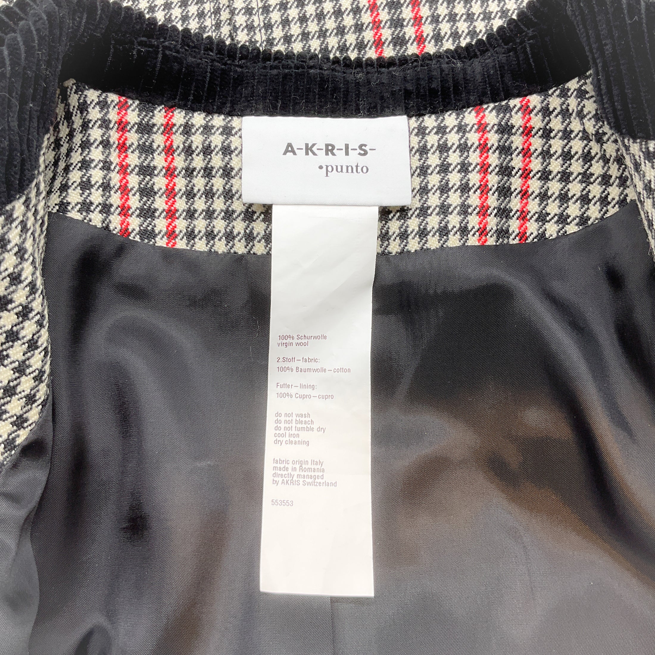 Akris Punto Black / Red / White Houndstooth Jacket with Corduroy Collar