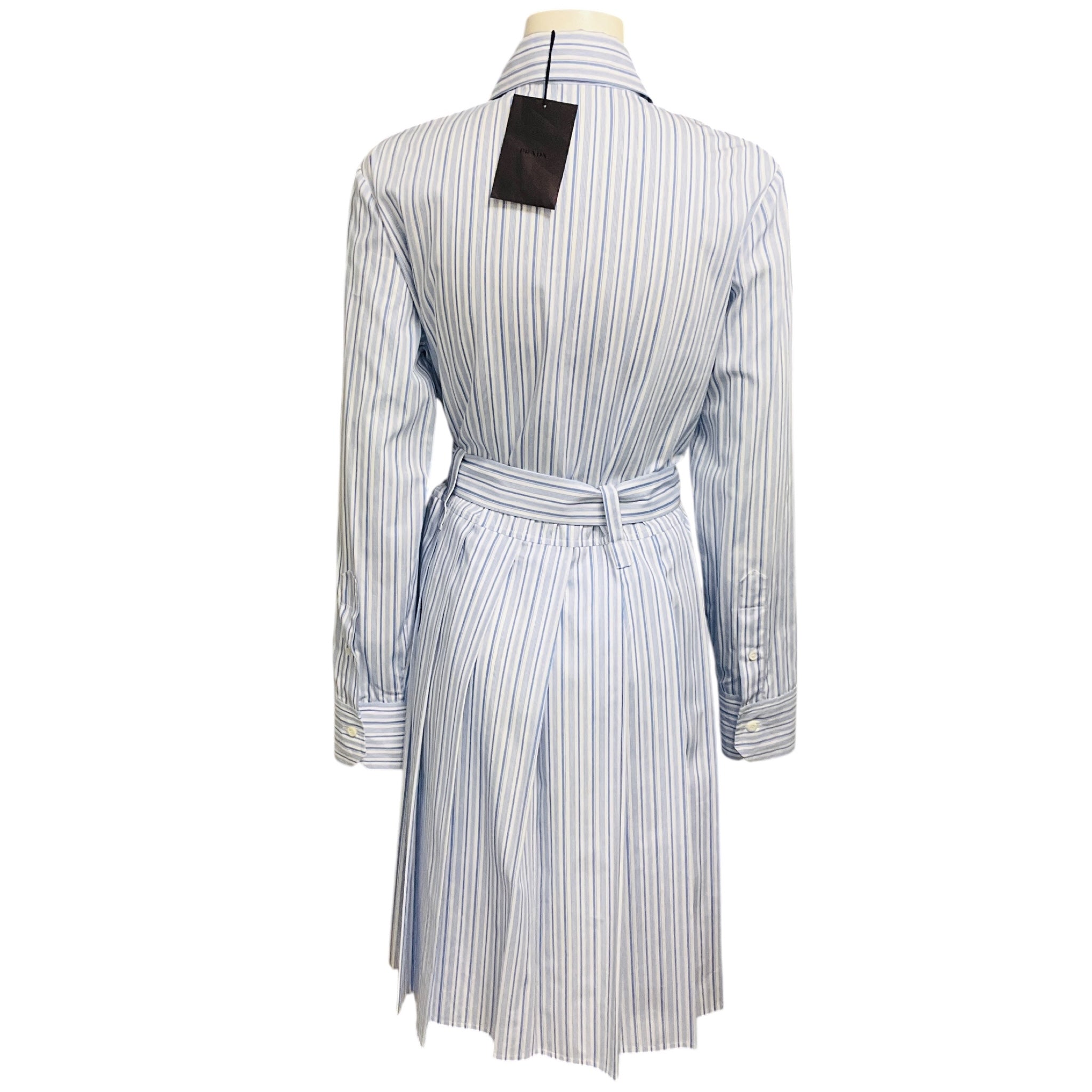 Prada Light Blue / White / Orange Ruffle Detail Striped Midi Shirt Dress with Belt