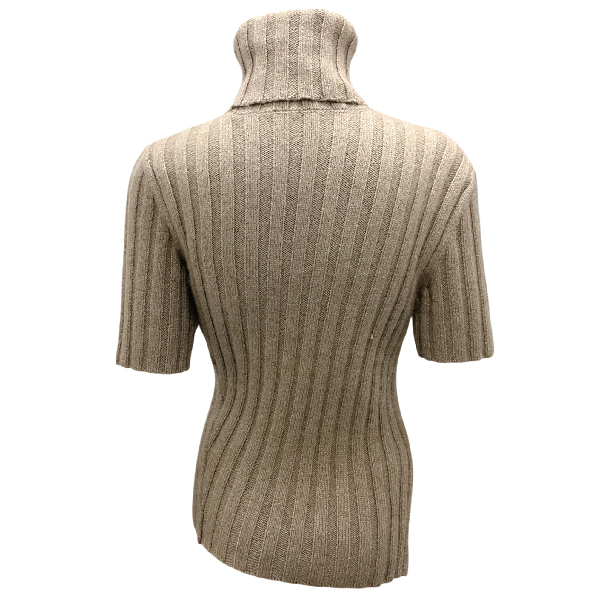 The Row Taupe Short Sleeved Ribbed Knit Cashmere and Mohair Turtleneck Sweater