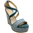 Load image into Gallery viewer, Jimmy Choo Blue / White Raffia Portia 120 Wedge Sandals

