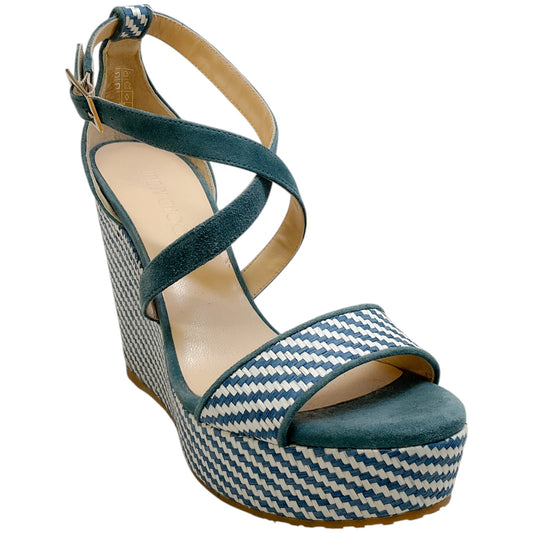 Jimmy Choo Blue / White Raffia Portia 120 Wedge Sandals
