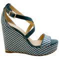 Load image into Gallery viewer, Jimmy Choo Blue / White Raffia Portia 120 Wedge Sandals
