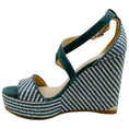 Load image into Gallery viewer, Jimmy Choo Blue / White Raffia Portia 120 Wedge Sandals
