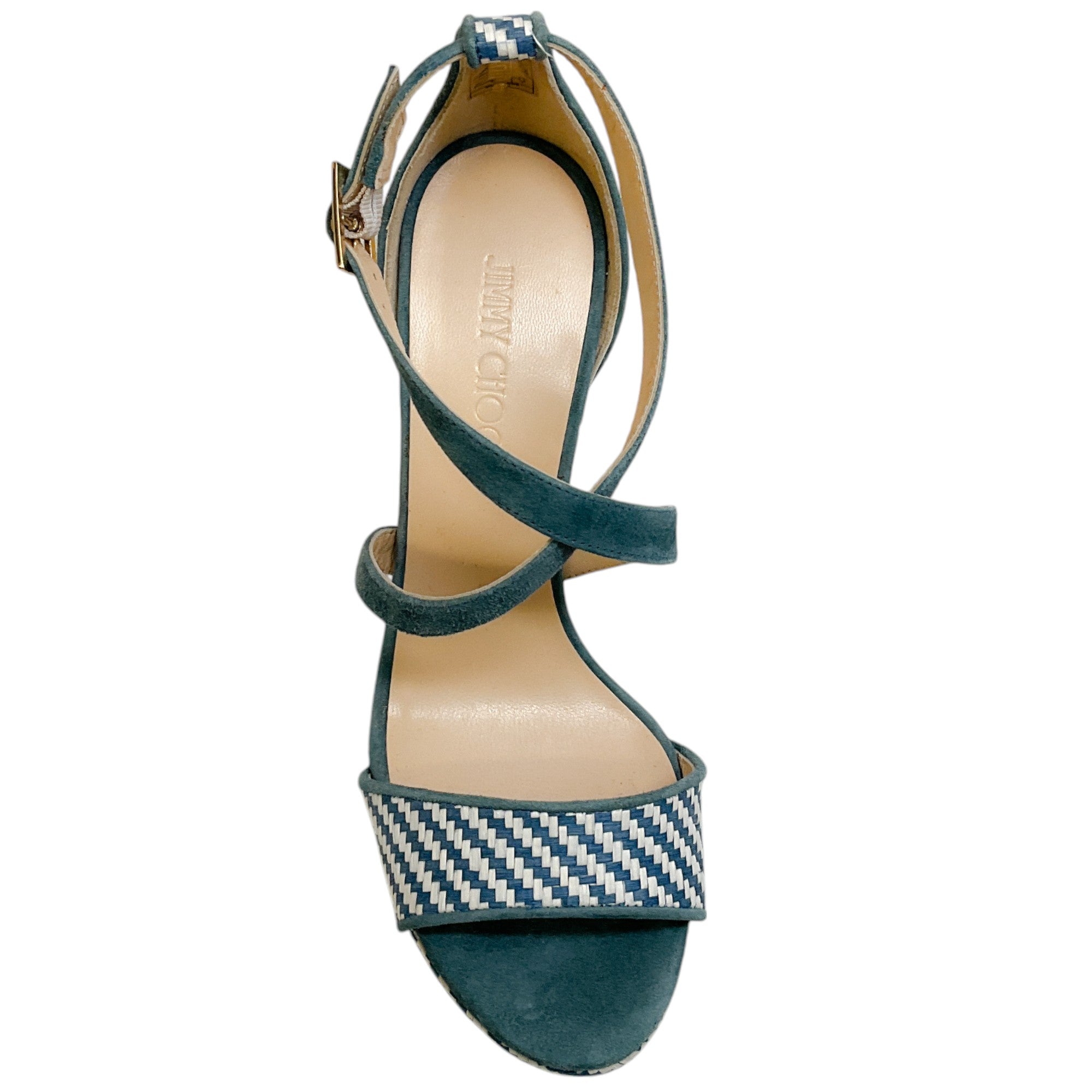 Jimmy Choo Blue / White Raffia Portia 120 Wedge Sandals