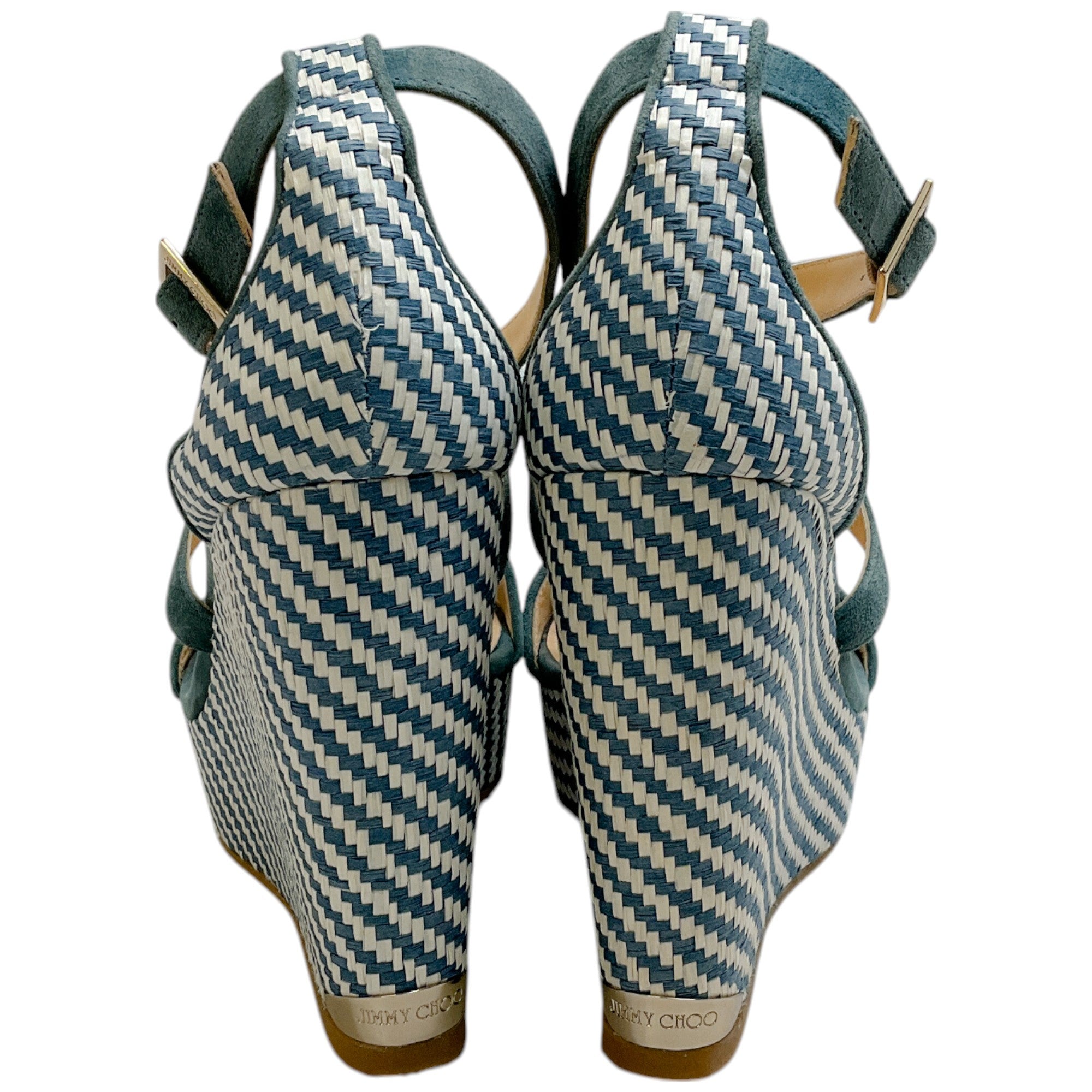 Jimmy Choo Blue / White Raffia Portia 120 Wedge Sandals