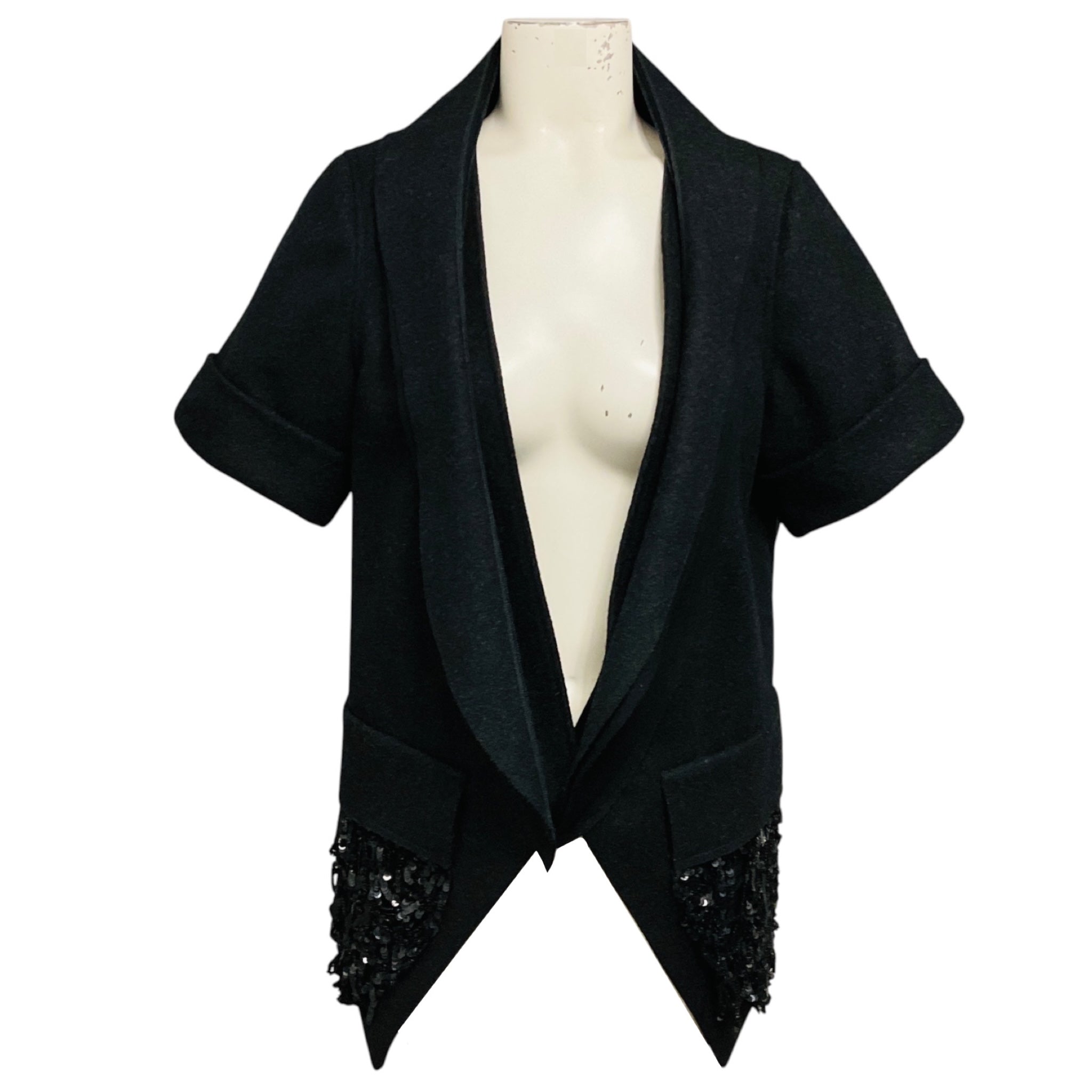 Vera Wang Charcoal Grey Sequin Embellished Short Sleeved Wool Jacket