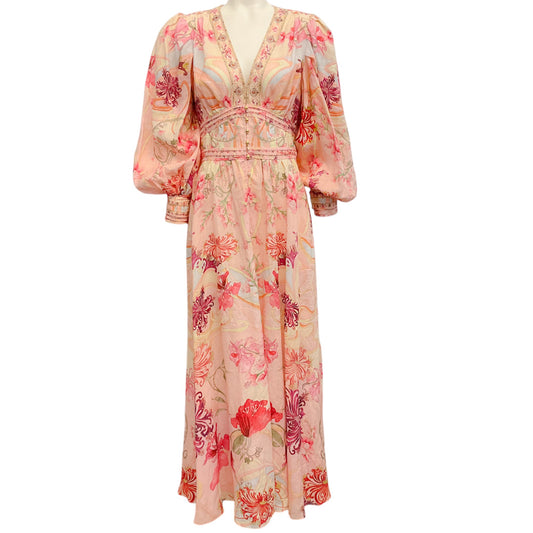 Camilla Pink Multi Linen Blossoms and Brushstrokes Maxi Dress
