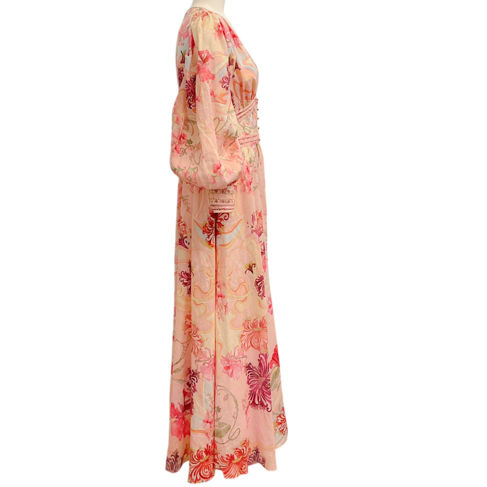 Camilla Pink Multi Linen Blossoms and Brushstrokes Maxi Dress