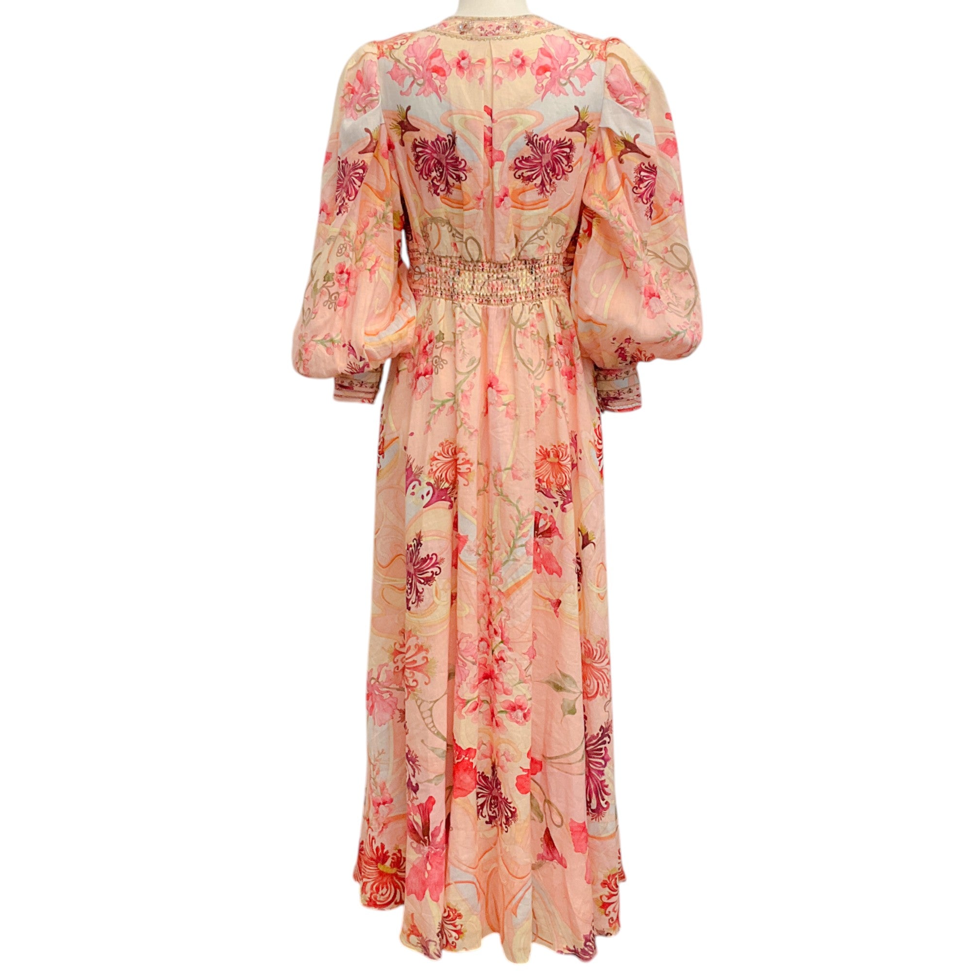 Camilla Pink Multi Linen Blossoms and Brushstrokes Maxi Dress