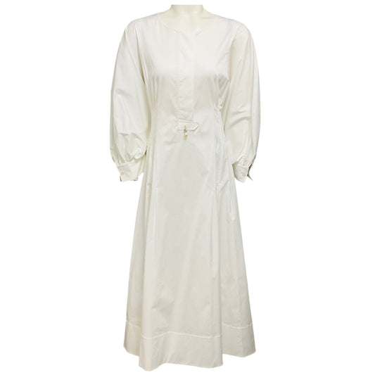 Oscar de la Renta White Pearl Embellished Puff Sleeved Cotton Midi Dress with Slip