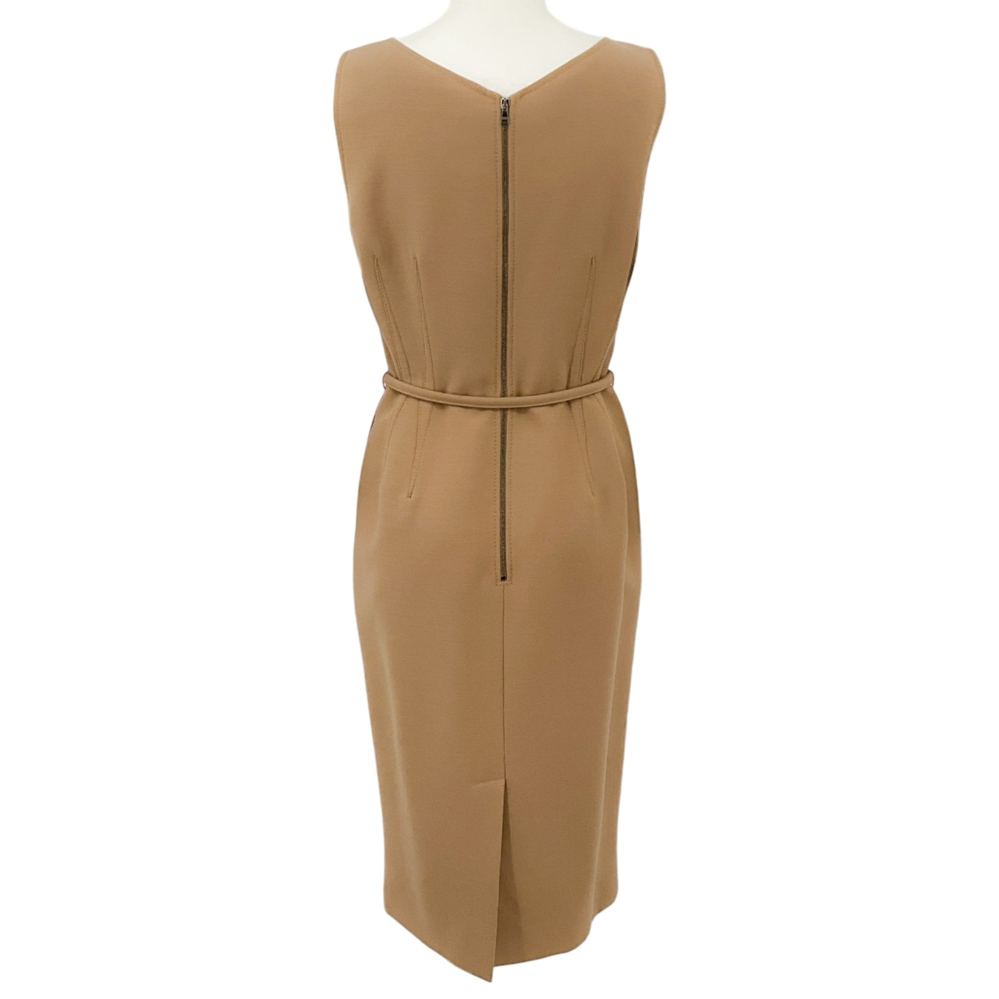 Dolce & Gabbana Camel Wool Sleeveless Shift Dress with Tie Belt