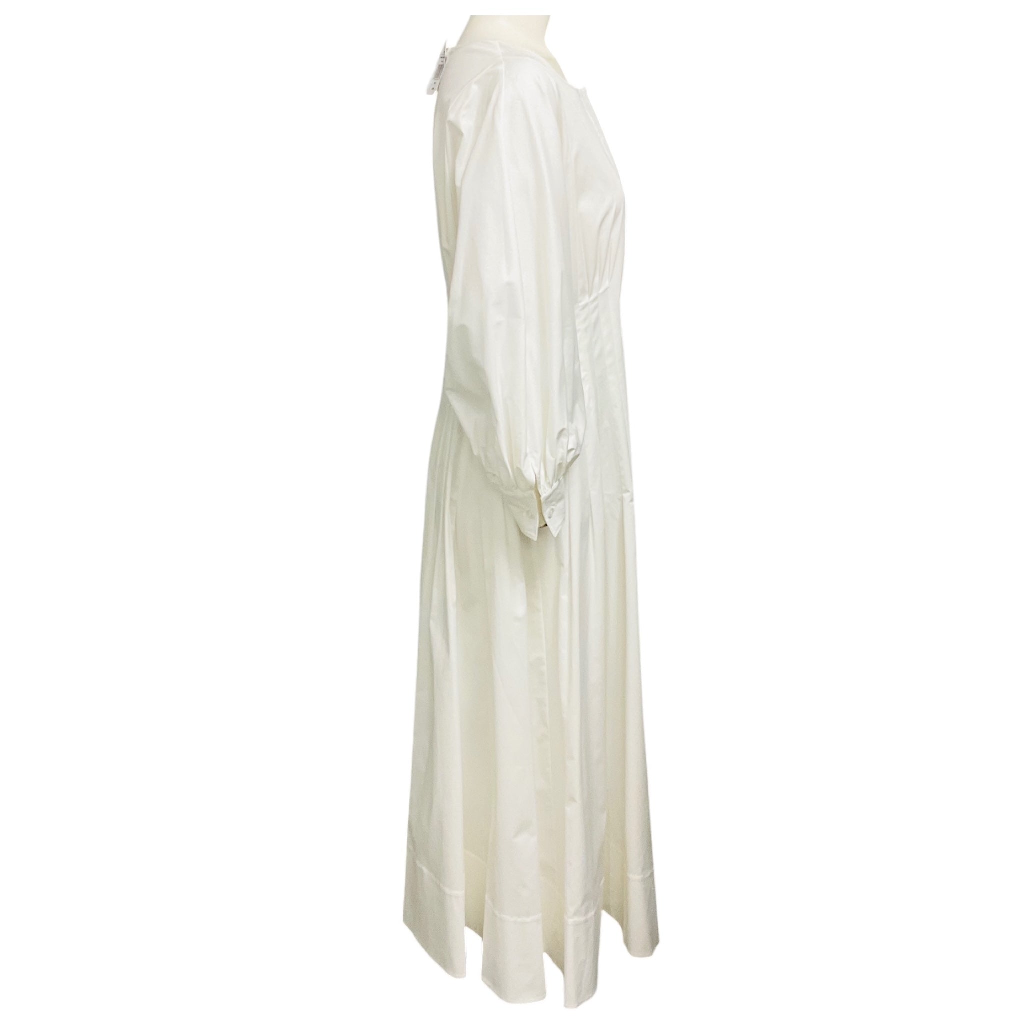 Oscar de la Renta White Pearl Embellished Puff Sleeved Cotton Midi Dress with Slip
