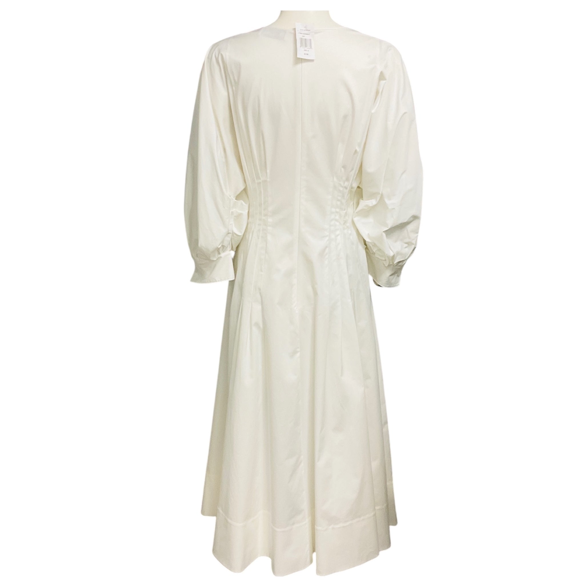 Oscar de la Renta White Pearl Embellished Puff Sleeved Cotton Midi Dress with Slip