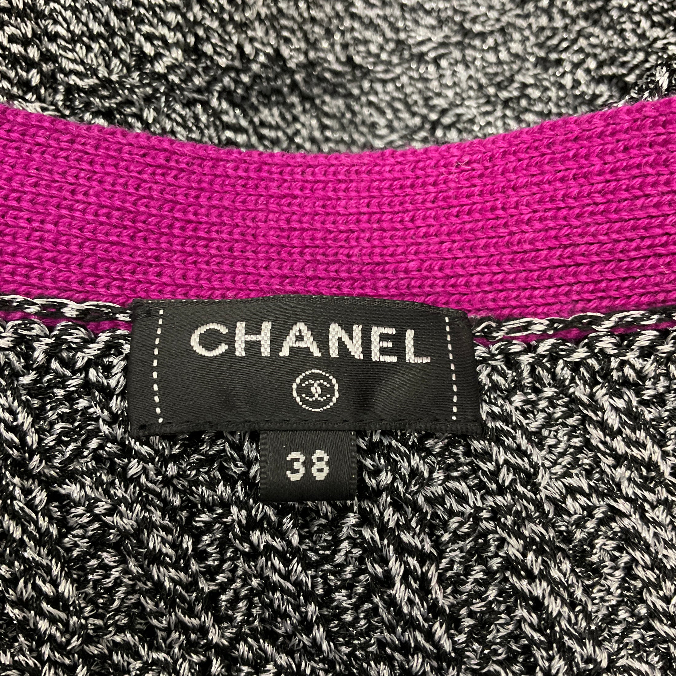 Chanel Grey / Black / Purple 2021 Sequined Metallic Knit CC Logo Button Cardigan Sweater