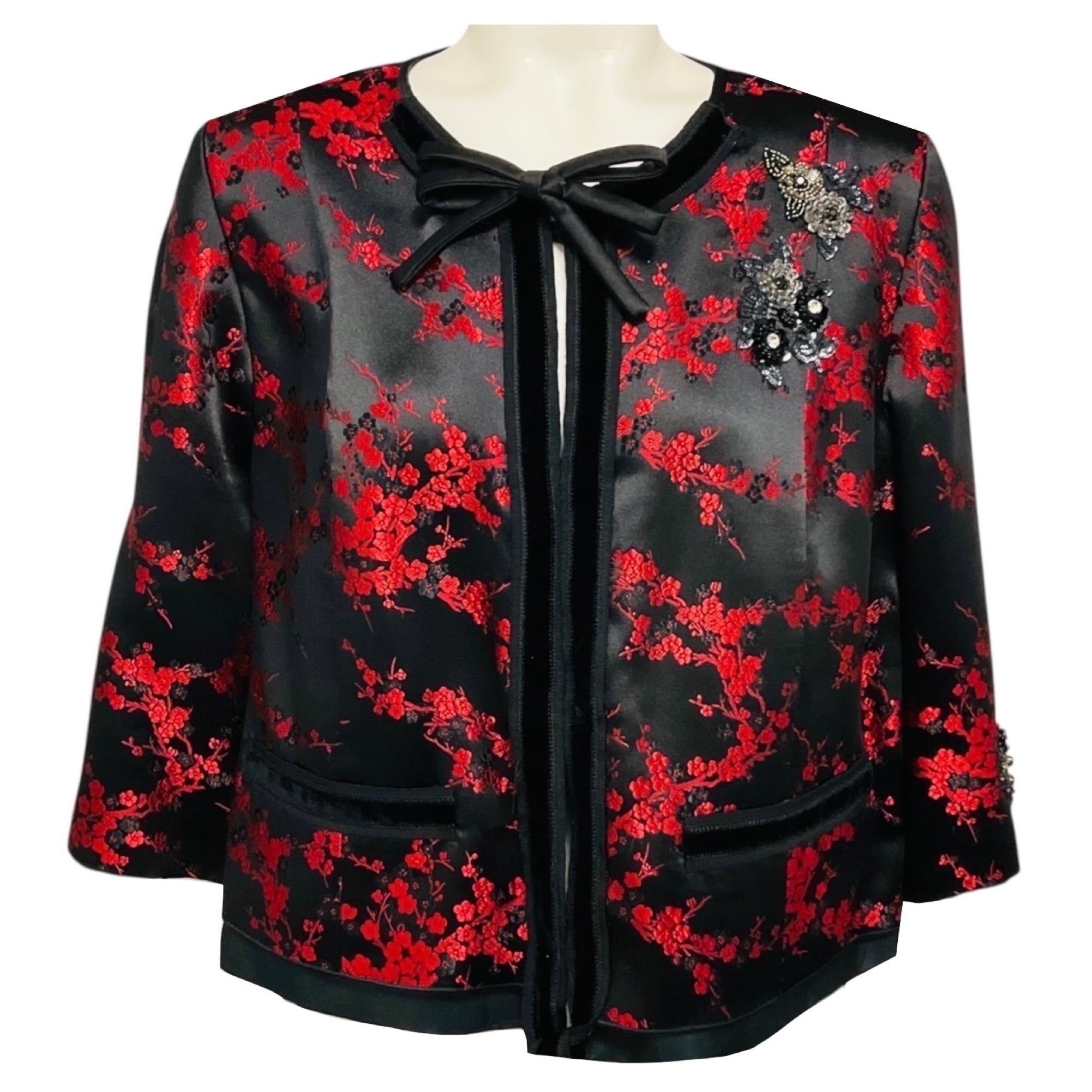 Marc Jacobs Black / Red Sequin and Bead Embellished Floral Jacquard Jacket
