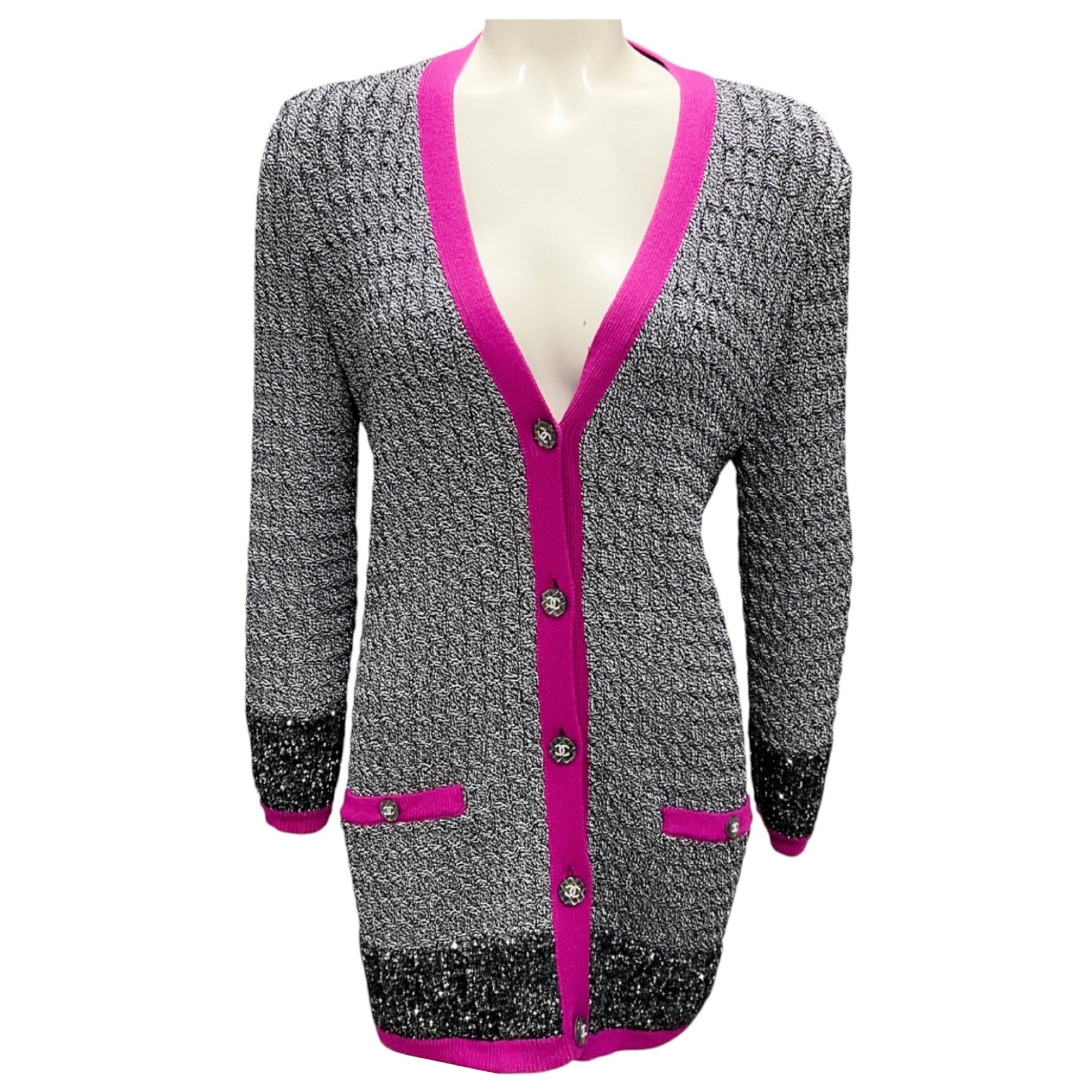 Chanel Grey / Black / Purple 2021 Sequined Metallic Knit CC Logo Button Cardigan Sweater