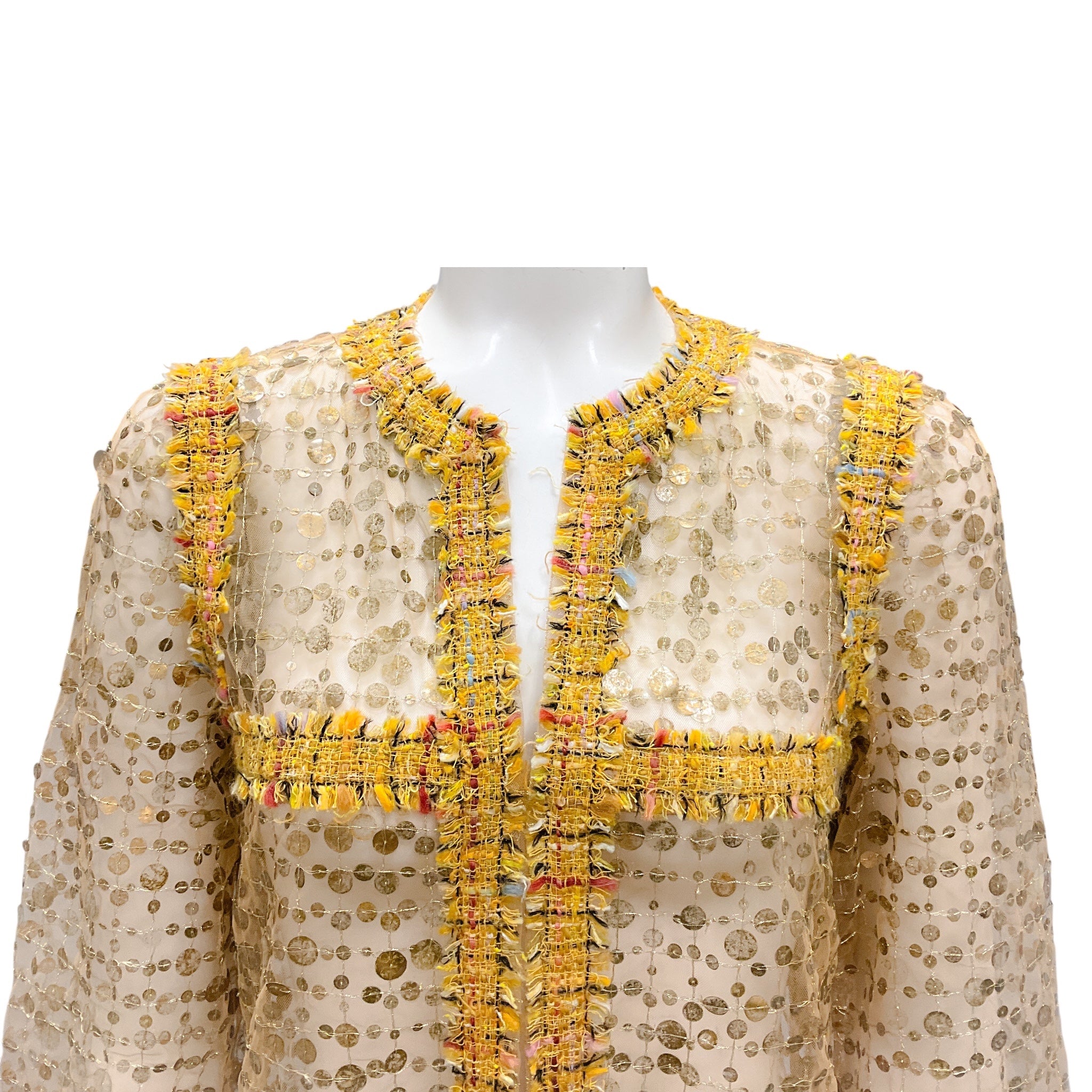 Chanel Gold Multi Tweed Trimmed Sequined Sheer Jacket