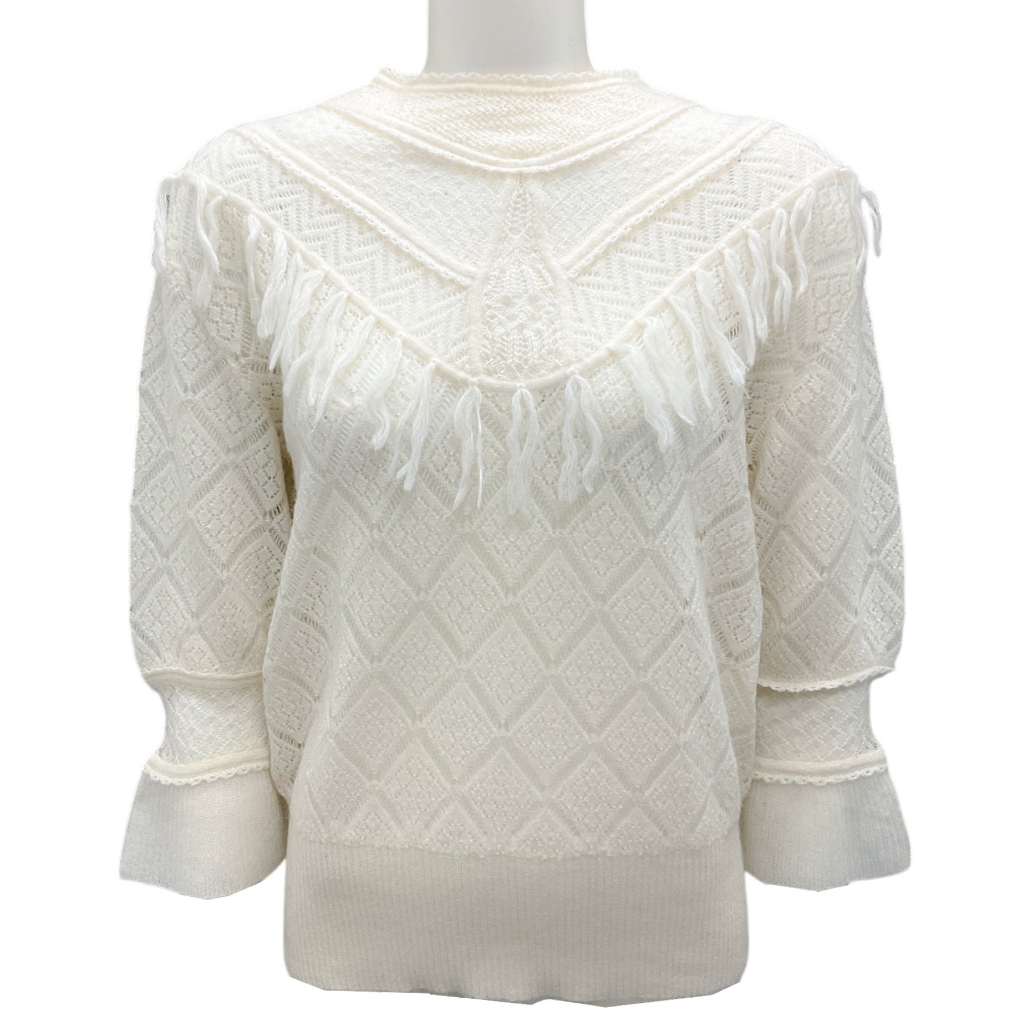 Christian Dior Ivory Fringed Mohair and Wool Knit Crochet Sweater