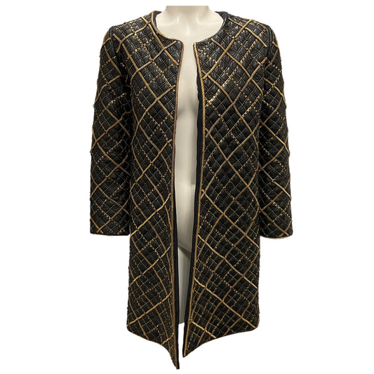 Oscar de la Renta Black / Gold Chain Embellished Leather Coat