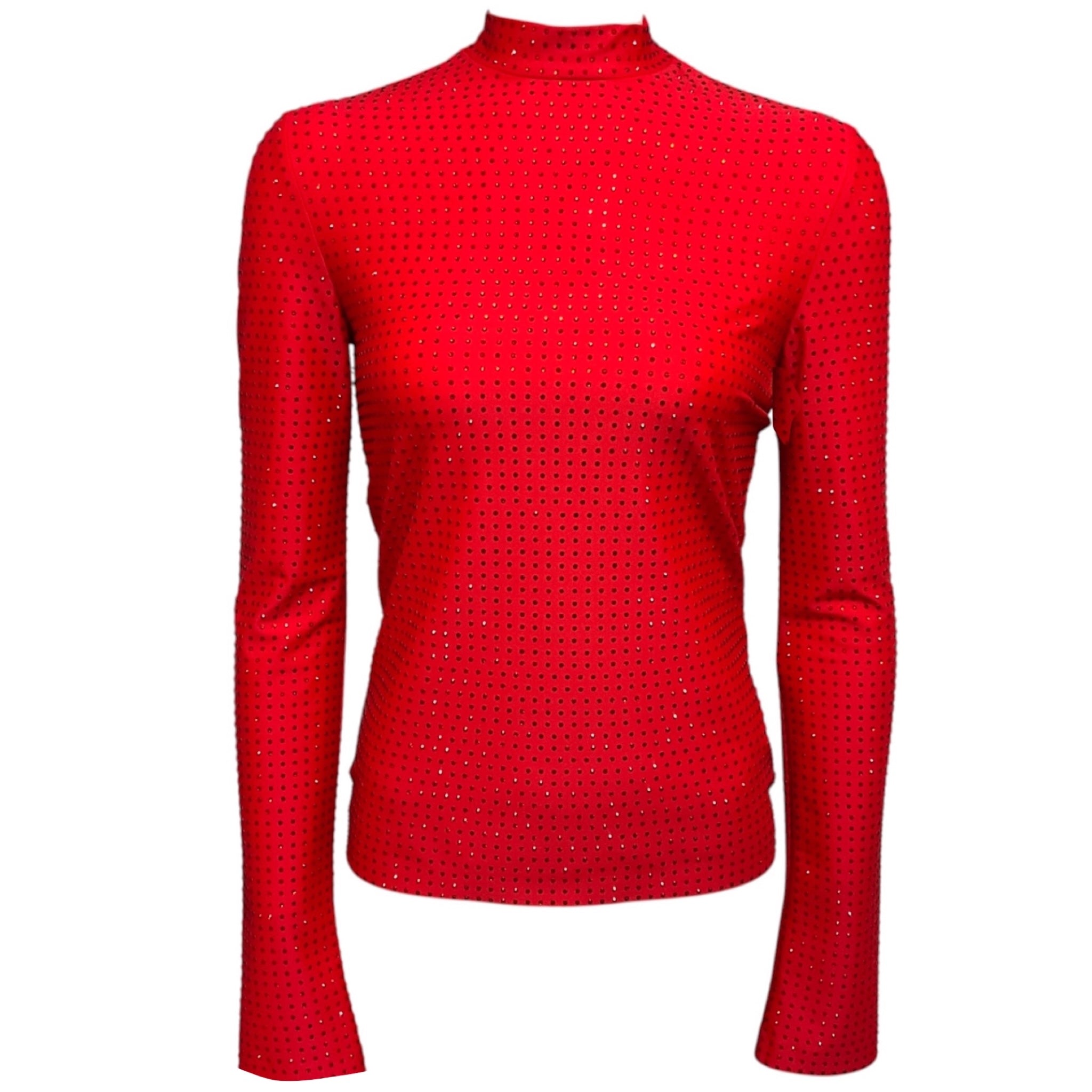 Ferragamo Red Crystal Embellished Long Sleeved Nylon Stretch Top
