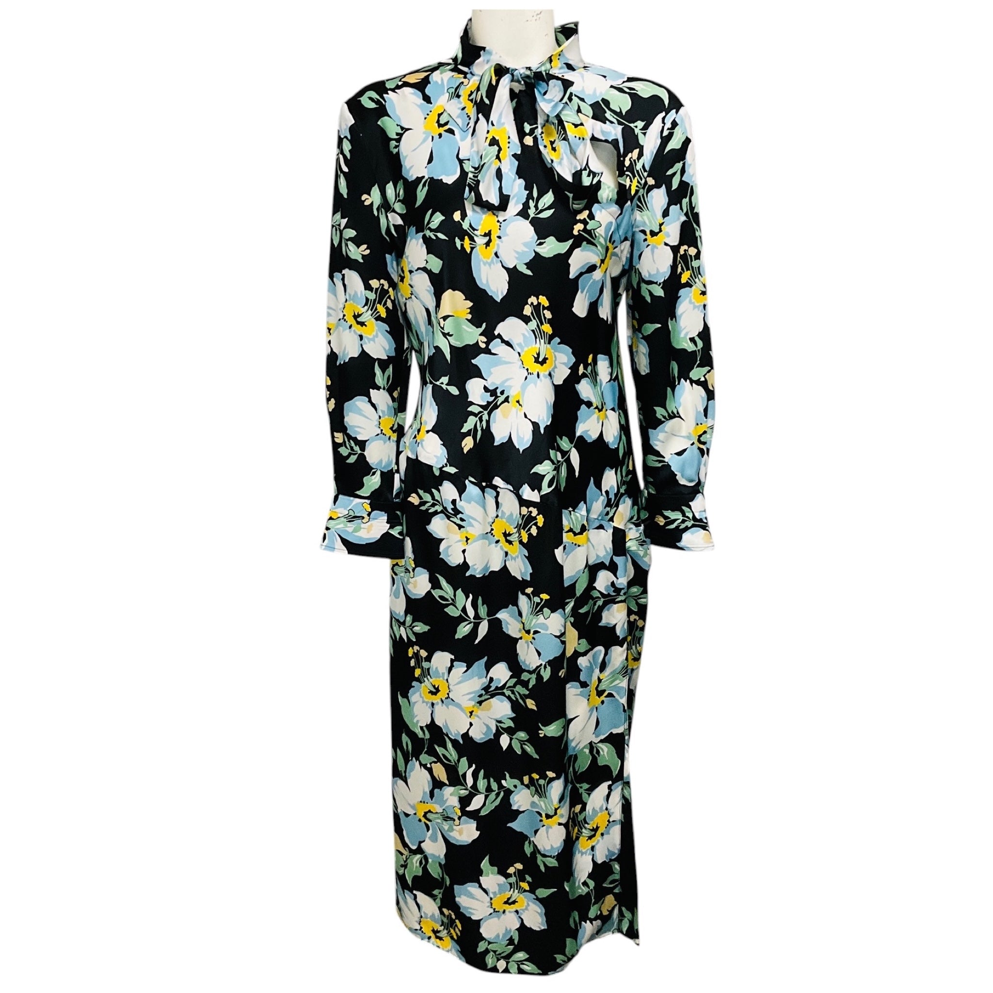 Tom Ford Black / Blue / Green Multi Floral Printed Tie Neck Silk Midi Dress