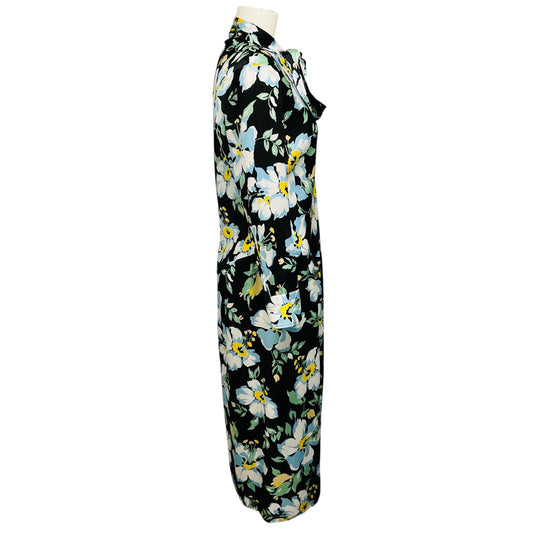 Tom Ford Black / Blue / Green Multi Floral Printed Tie Neck Silk Midi Dress