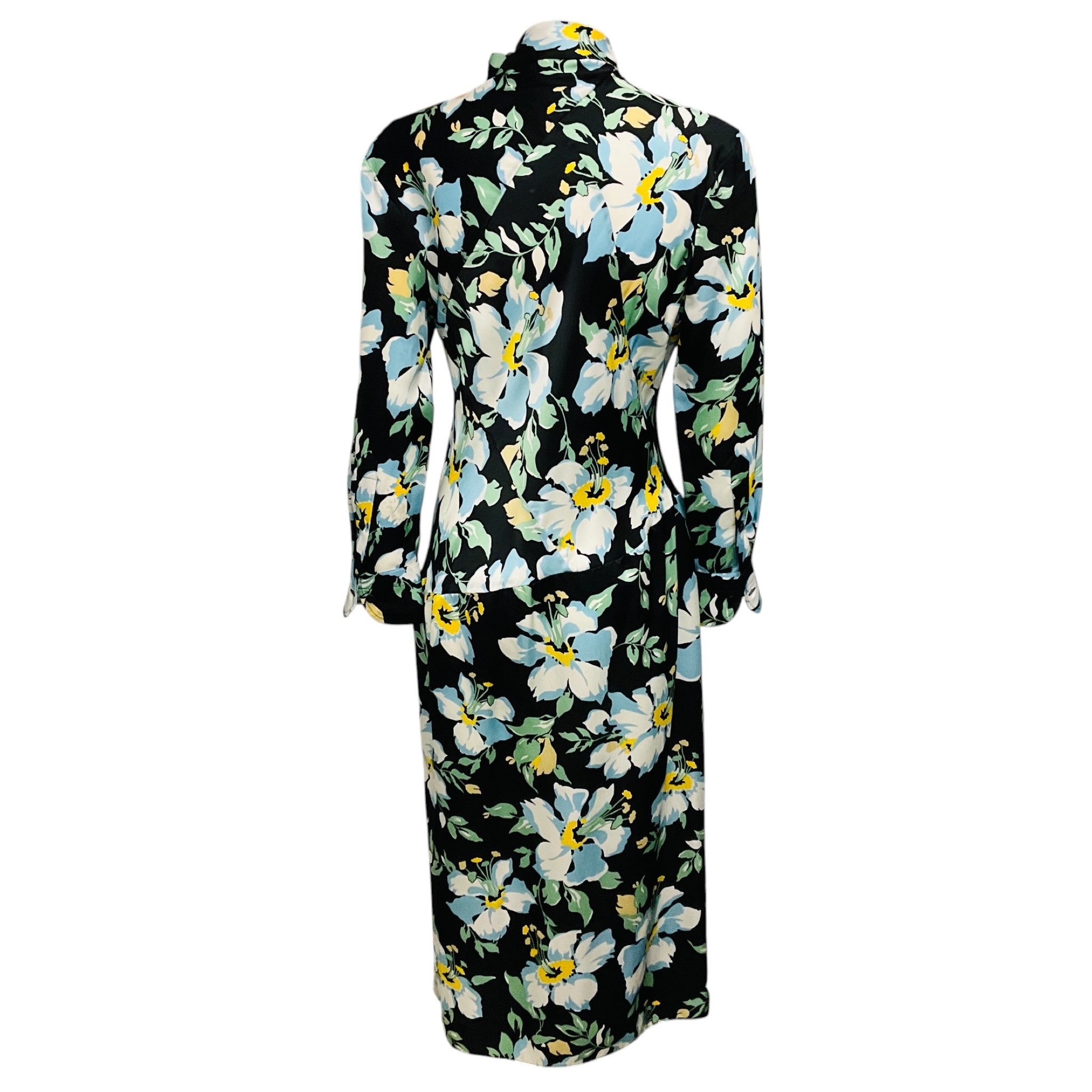 Tom Ford Black / Blue / Green Multi Floral Printed Tie Neck Silk Midi Dress