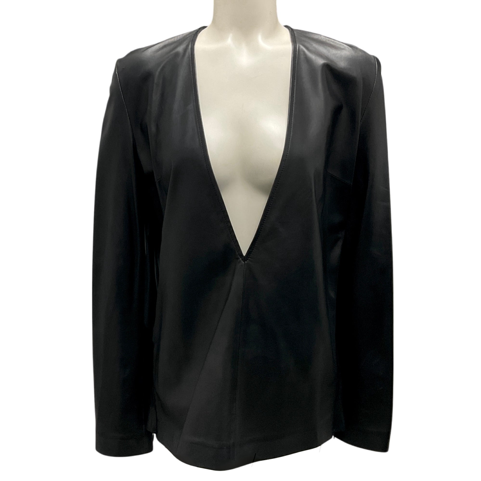 Maison Martin Margiela Black Long Sleeved V-Neck Lambskin Leather Tunic Top