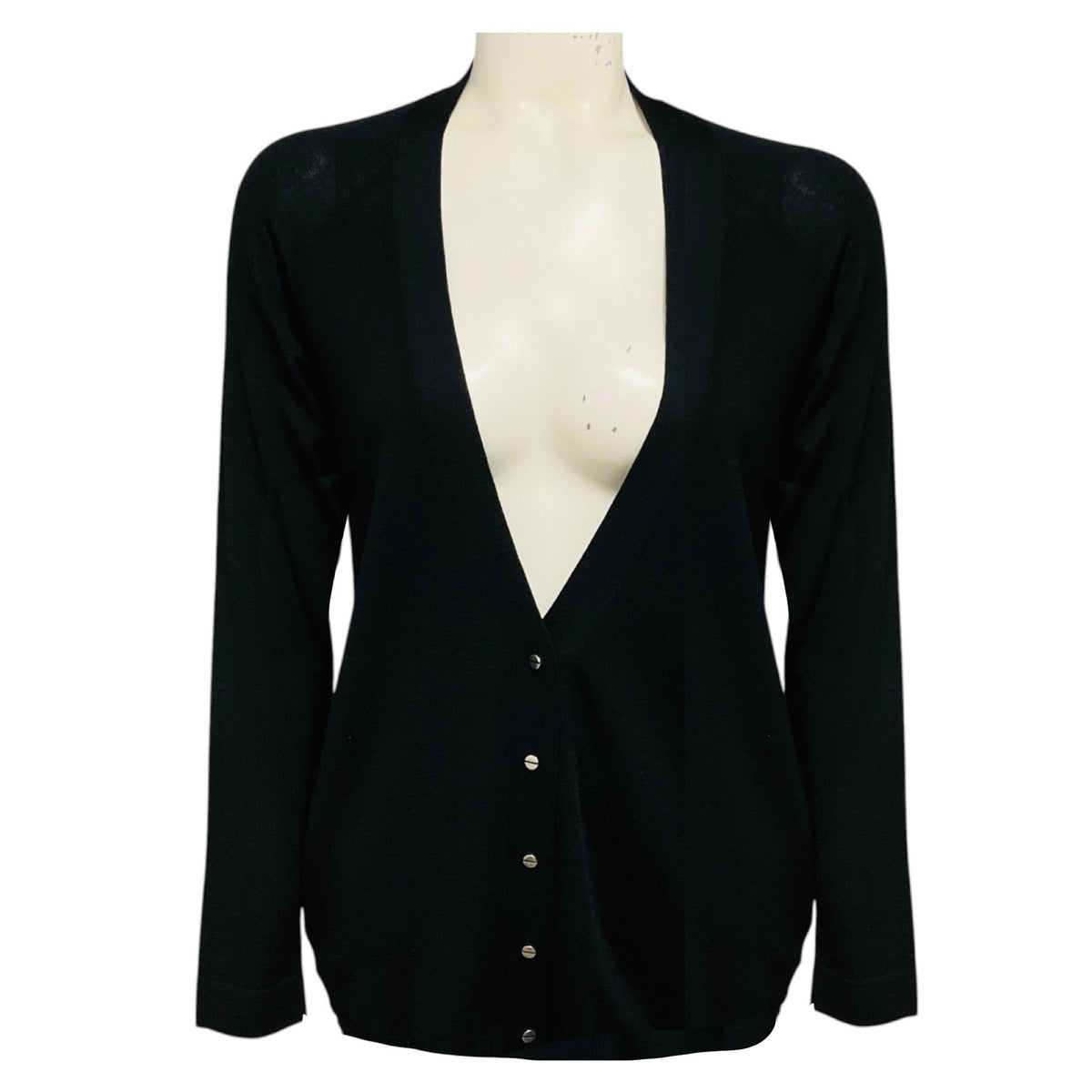 Balenciaga Black Long Sleeved V-Neck Wool Knit Cardigan Sweater with Snap Buttons