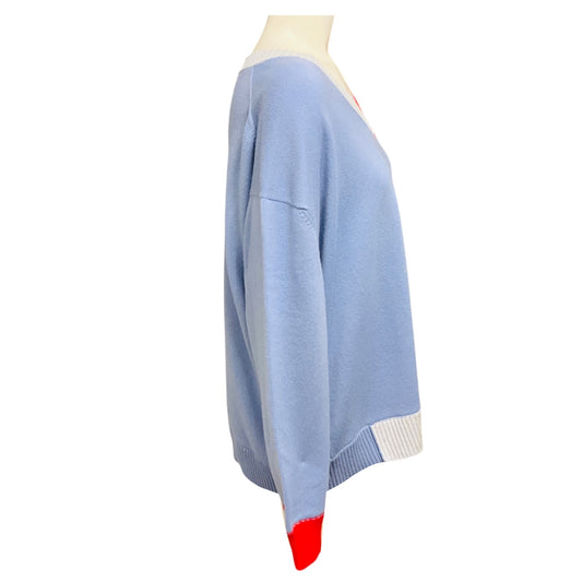 Barrie Periwinkle Blue Long Sleeved V-Neck Cashmere Knit Pullover Sweater with Poppy Red Trim