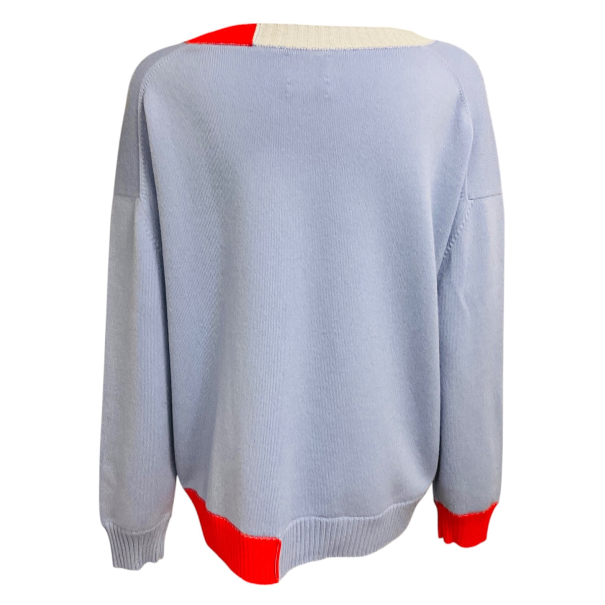 Barrie Periwinkle Blue Long Sleeved V-Neck Cashmere Knit Pullover Sweater with Poppy Red Trim
