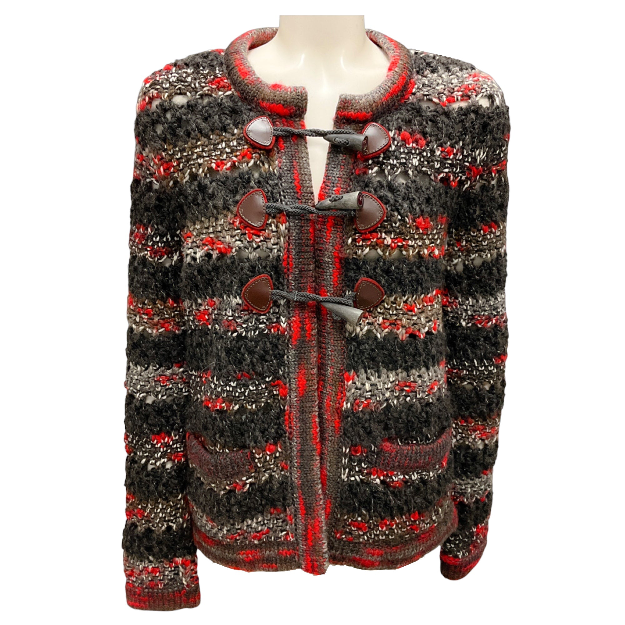 Chanel Grey / Red Multi Wool Knit Toggle Sweater