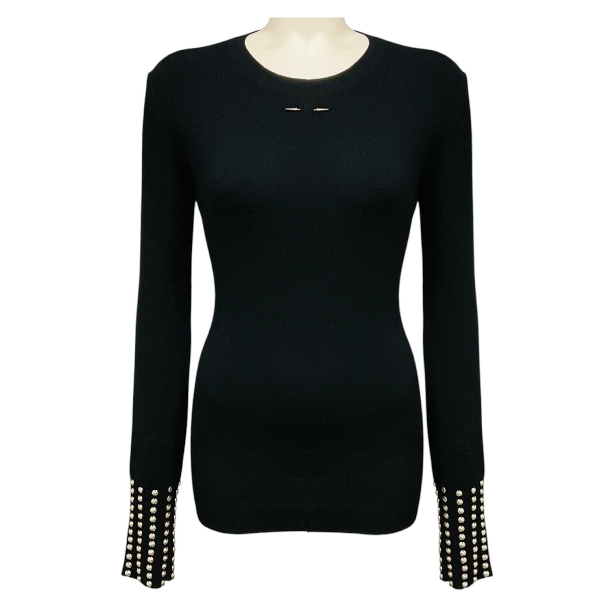 Barbara Bui Black / Silver Stud Embellished Wool Knit Crewneck Pullover Sweater