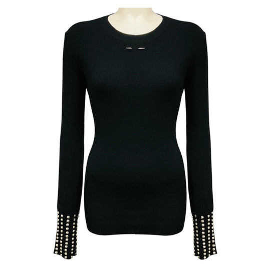 Barbara Bui Black / Silver Stud Embellished Wool Knit Crewneck Pullover Sweater