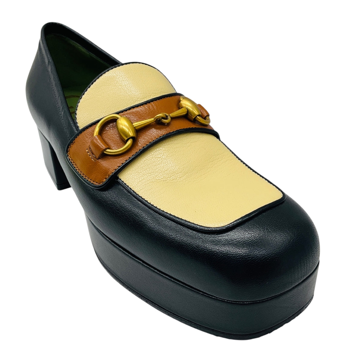 Gucci Black / Cream / Tan Chunky Leather Loafers with Antiqued Gold Horsebit Detail