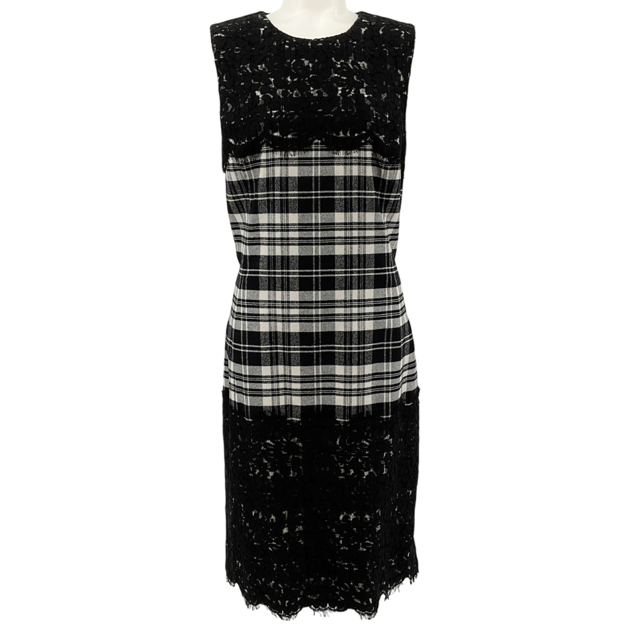 Michael Kors Black / White Wool Plaid Lace Sleeveless Dress
