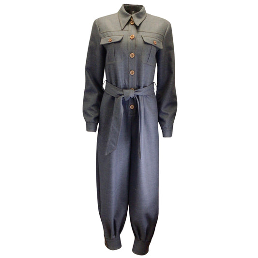 Gucci Grey 2019 Belted Military Style Relaxed Fit Wool Jumpsuit