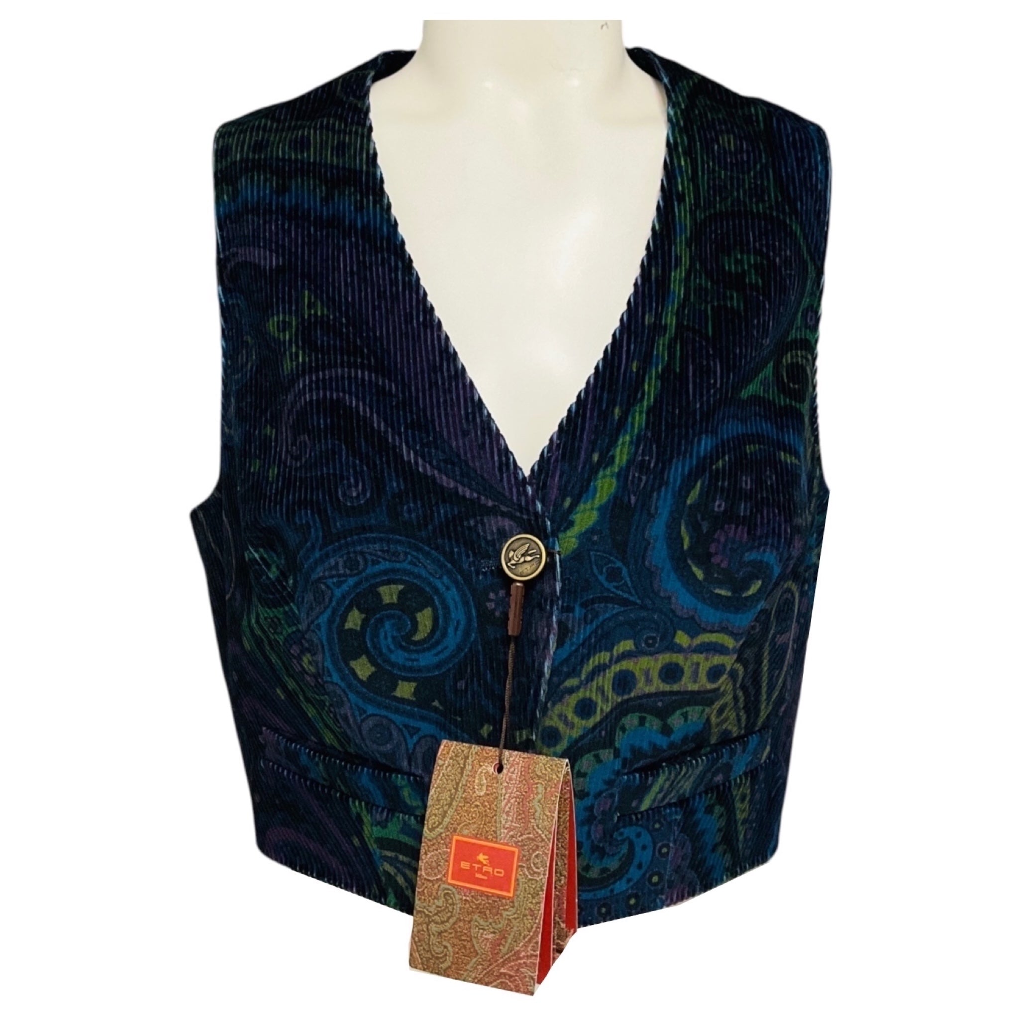 Etro Blue Multi Paisley Printed Velvet Waistcoat / Vest Top