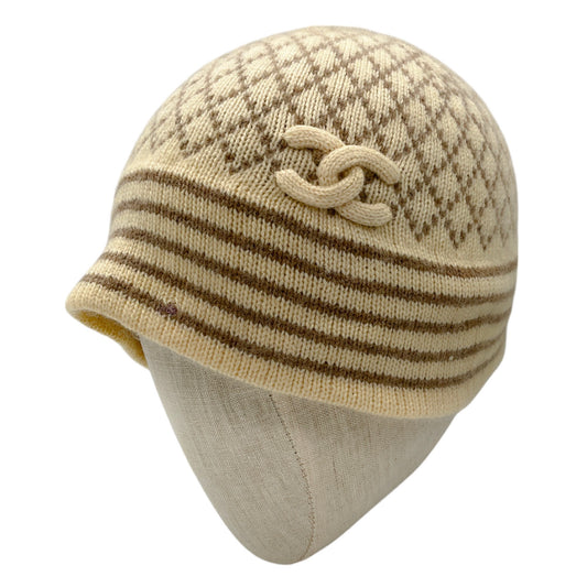 Chanel Ivory / Taupe CC Logo Cashmere Knit Beanie Hat