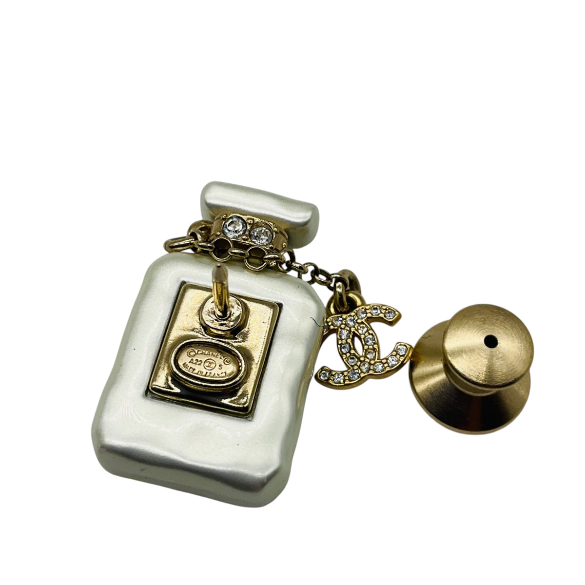 Chanel 2022 CC Resin Gold Plated Rhinestone Strass No. 5 Perfume Bottle Costume Brooch