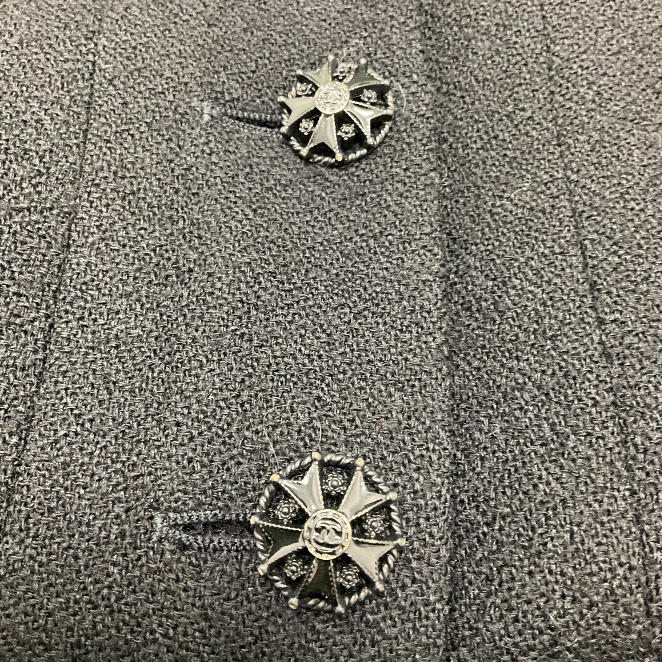 Chanel Black 2008 Fringed CC Logo Button Wool Tweed Peplum Hem Jacket