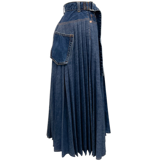 Sacai Blue Denim Pleated Wrap Midi Skirt