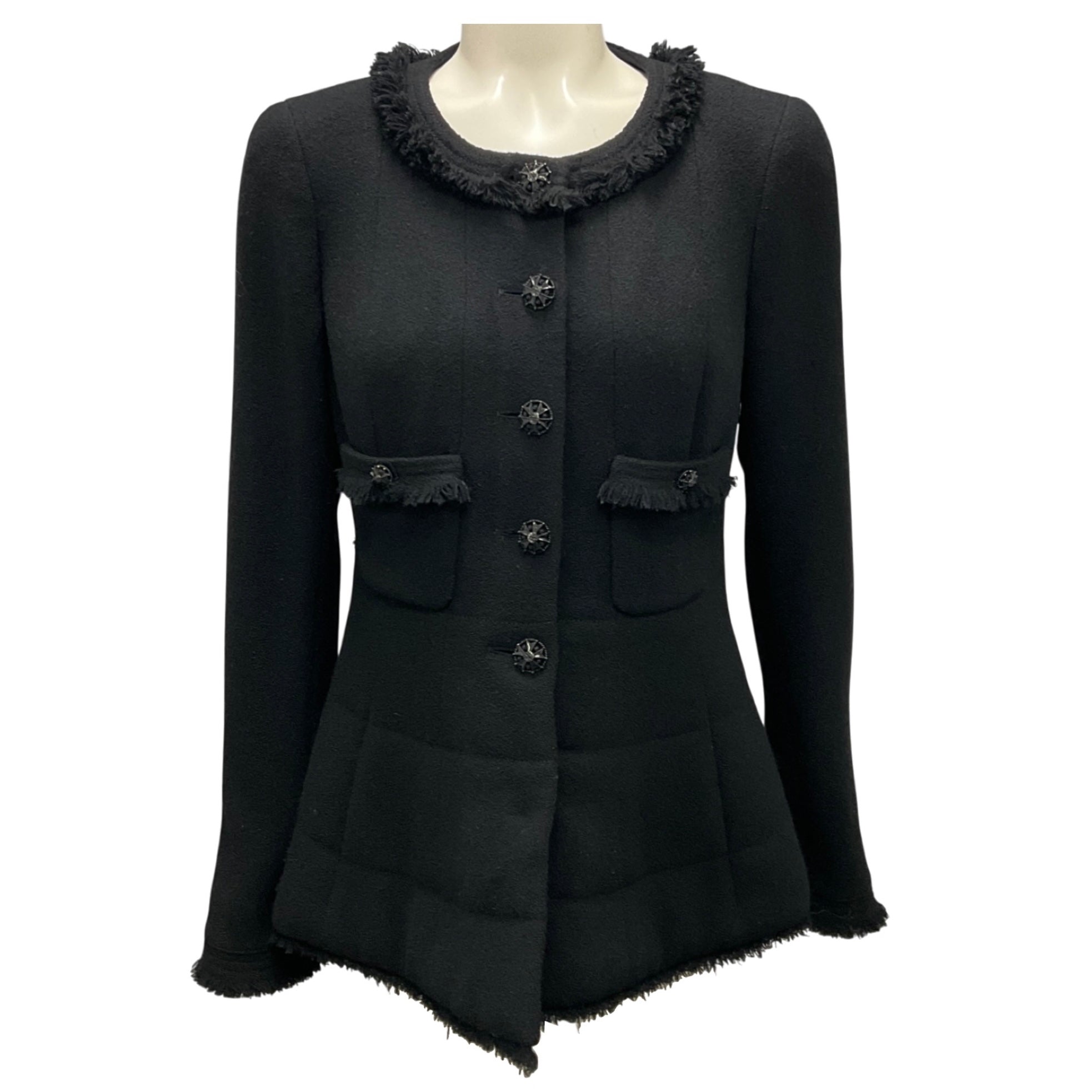 Chanel Black 2008 Fringed CC Logo Button Wool Tweed Peplum Hem Jacket