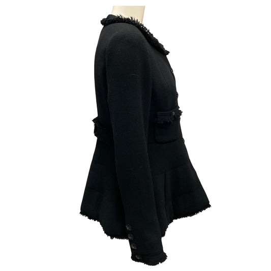Chanel Black 2008 Fringed CC Logo Button Wool Tweed Peplum Hem Jacket