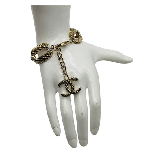 Chanel 2018 Light Gold CC Logo Pendant Charm Strass Embellished Bracelet