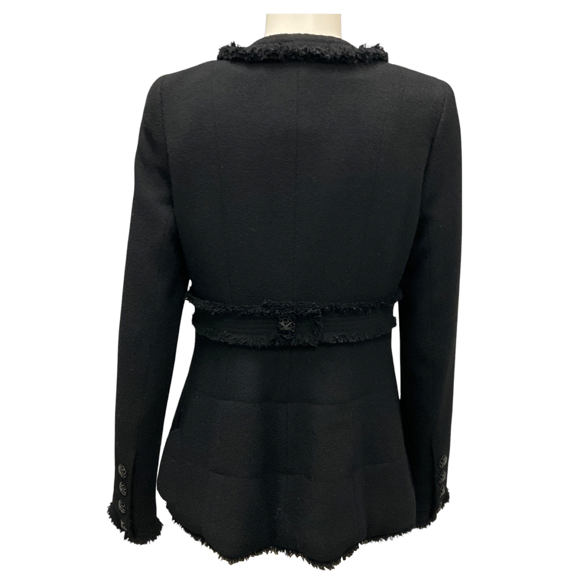 Chanel Black 2008 Fringed CC Logo Button Wool Tweed Peplum Hem Jacket